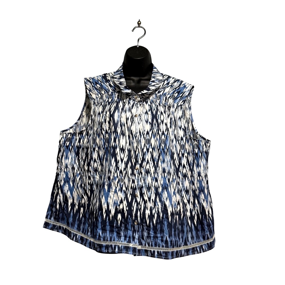 Cato Womens Blue White Ikat Print Sleeveless Button Down Top Plus Size 26/28W